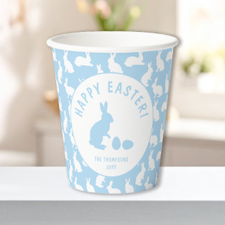 Blue And White Bunny Rabbit Pattern Happy Easter Paper Cups