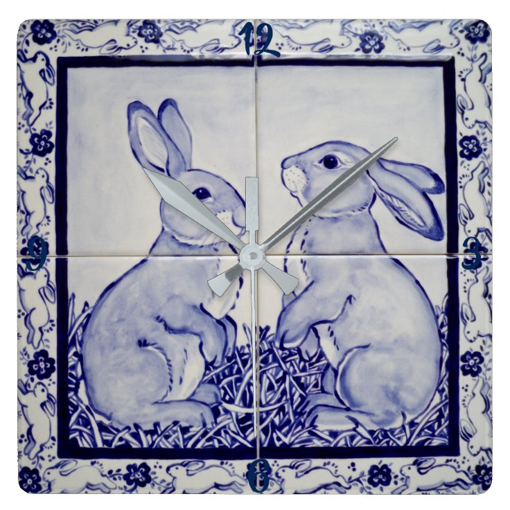 Blue and White Bunny Rabbit Tile Clock Dedham Navy | Zazzle