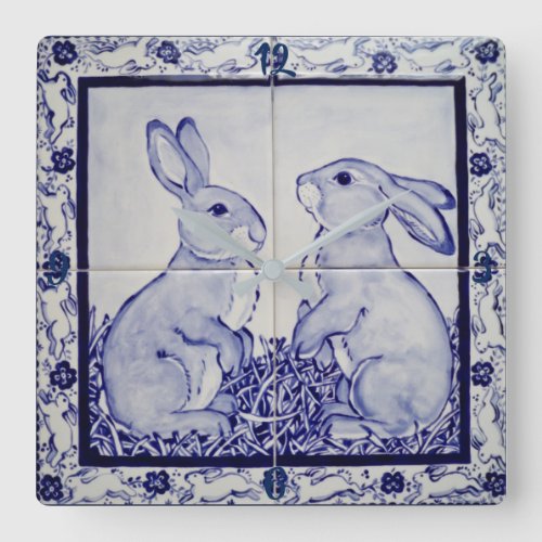Blue and White Bunny Rabbit Tile Clock Dedham Navy