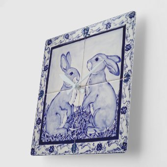 Blue and White Bunny Rabbit Tile Clock Dedham Navy | Zazzle