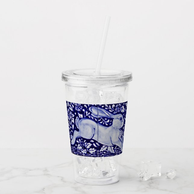 Blue and White Bunny Rabbit Tile Wraparound Art Acrylic Tumbler (Back Ice)