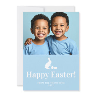 Blue And White Bunny With Custom Photo Easter Card
