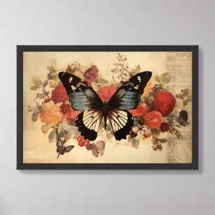 Blue and white butterfly collage with flowers framed art