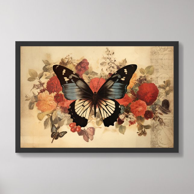 Blue and white butterfly collage with flowers framed art (Framed Front)