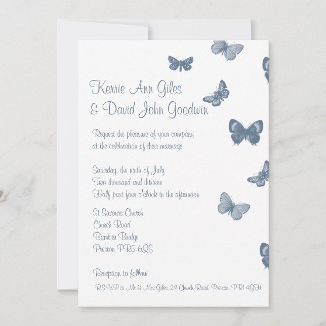 Blue and White Butterfly Wedding Invitation (Front)