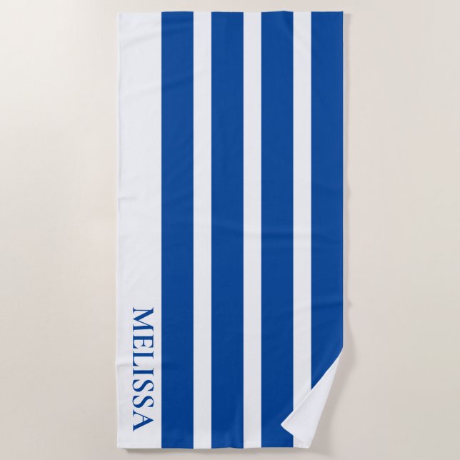 Blue And White Cabana Stripe Personalized Name   Beach Towel (Front)