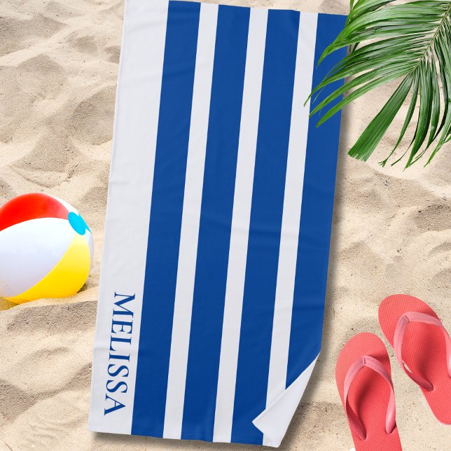 Blue And White Cabana Stripe Personalized Name   Beach Towel (Creator Uploaded)