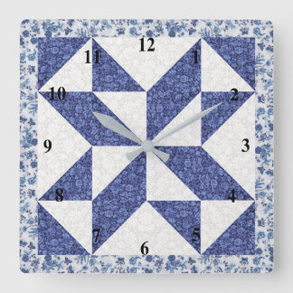 Blue and White Calico Faux Quilt Square Wall Clock