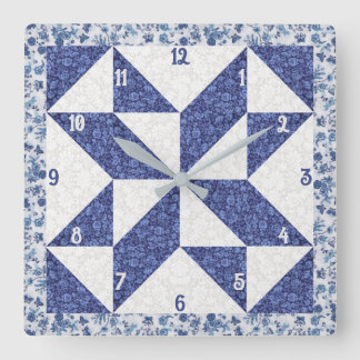 Blue and White Calico Pinwheel Faux Quilt Square Wall Clock