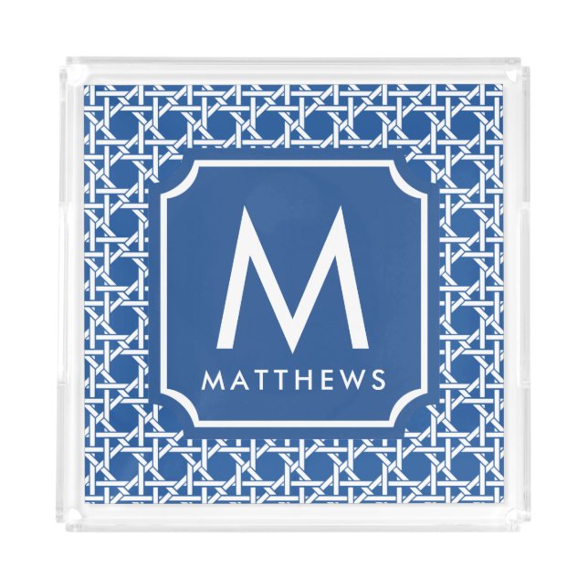 Blue and White Cane | Rattan | Monogram  Acrylic Tray (Front)