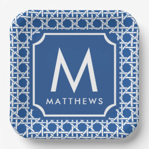 Blue and White Cane   Rattan   Monogram Paper Plates