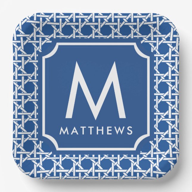 Blue and White Cane | Rattan | Monogram Paper Plates (Front)