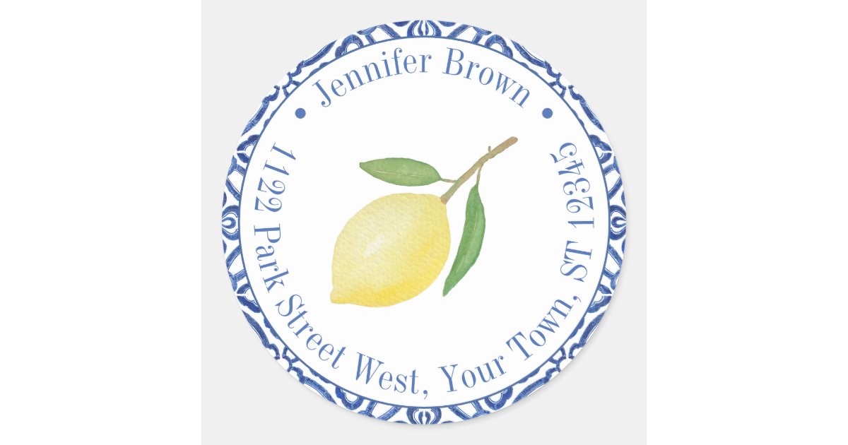 Blue And White Capri Lemon Wedding Return Address Classic Round Sticker ...