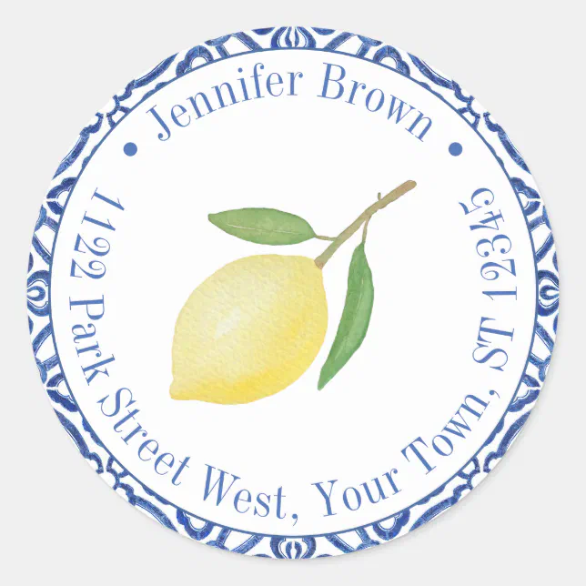 Blue And White Capri Lemon Wedding Return Address Classic Round Sticker ...