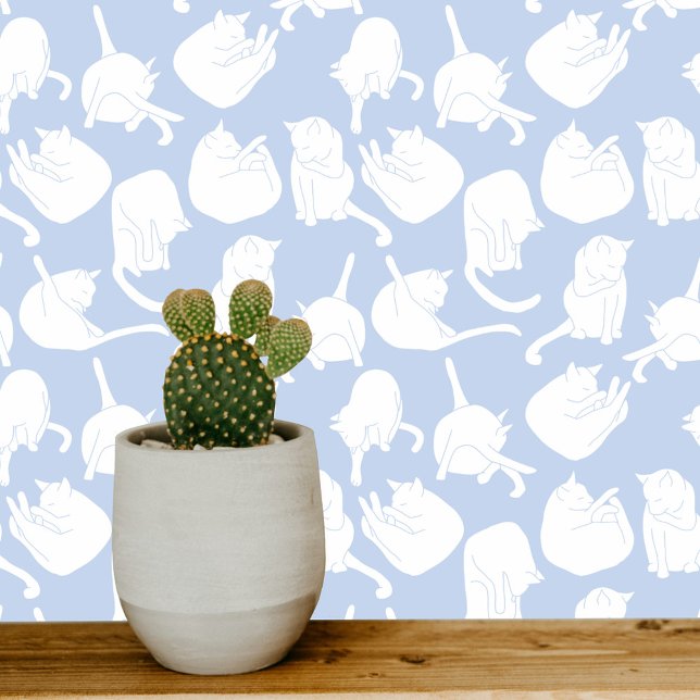 Blue and White Cat Pattern Block Print Wallpaper (Blue and white sleeping kitty cat  art wallpaper)