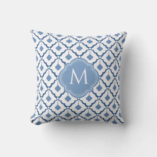 Blue and White Ceramic Pattern with Monogram  Throw Pillow