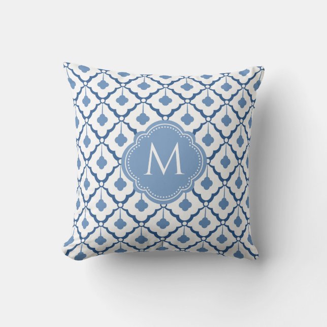 Blue and White Ceramic Pattern with Monogram  Throw Pillow (Front)