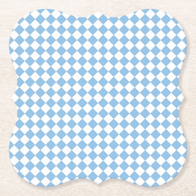 Blue and White Checker Diamond Pattern Paper Coaster (Front)