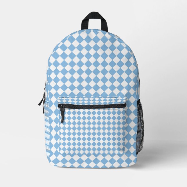 Blue and White Checker Pattern Printed Backpack (Front)