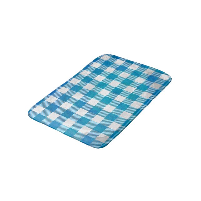 Blue and White Checkered Buffalo Plaid Bath Mat (Angled)