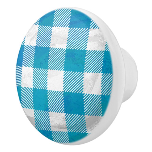 Blue and White Checkered Buffalo Plaid Ceramic Knob (Right)