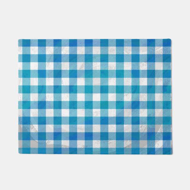 Blue and White Checkered Buffalo Plaid Doormat (Front)