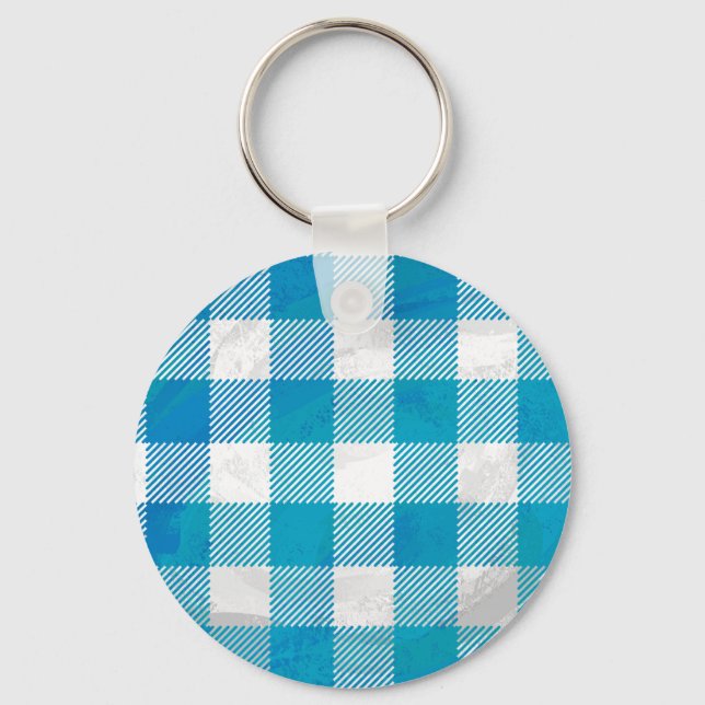 Blue and White Checkered Buffalo Plaid Keychain (Front)