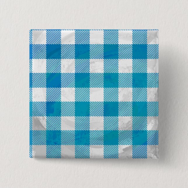 Blue and White Checkered Buffalo Plaid Pinback Button (Front)