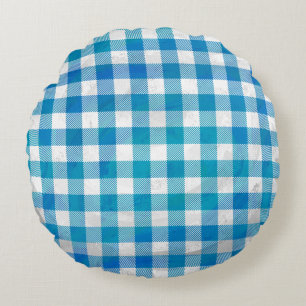Blue and White Checkered Buffalo Plaid Round Pillow