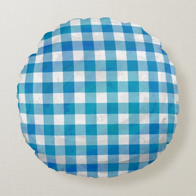 Blue and White Checkered Buffalo Plaid Round Pillow (Front)