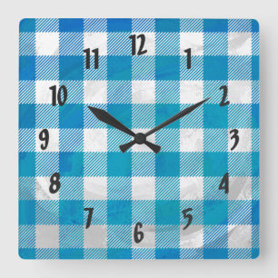 Blue and White Checkered Buffalo Plaid Square Wall Clock