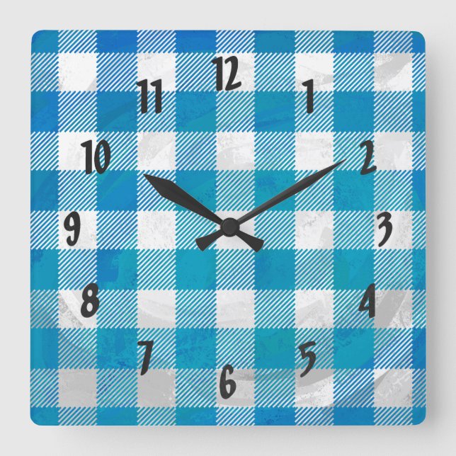 Blue and White Checkered Buffalo Plaid Square Wall Clock (Front)