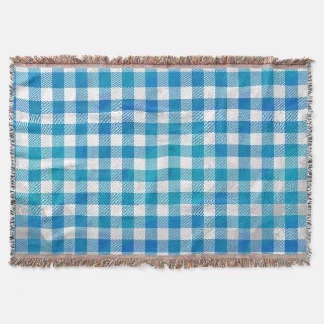 Blue and White Checkered Buffalo Plaid Throw Blanket (Front)