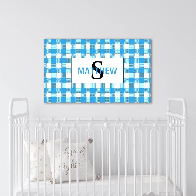 Blue and White Checkered Initial Monogram w Name Canvas Print (Creator Uploaded)
