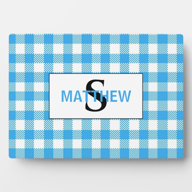 Blue and White Checkered Initial Monogram w Name Plaque (Front)