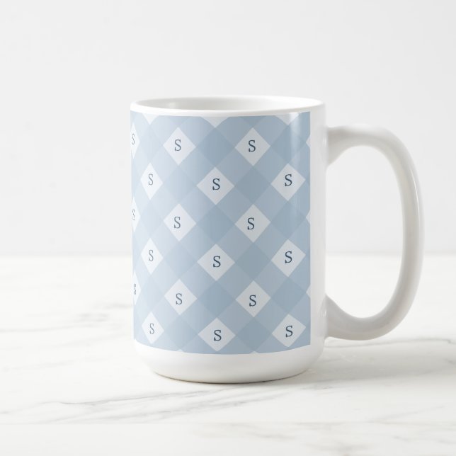 Blue and White Checkered Pattern with Initial Coffee Mug (Right)