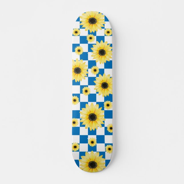 blue and white  Checkered & Sunflower Skateboard (Front)