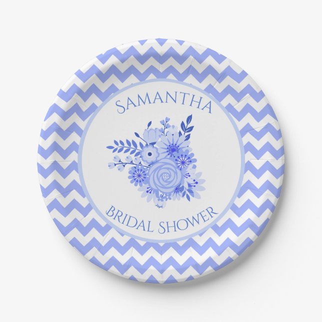 Blue and White Chevron Bridal Shower Paper Plate (Front)