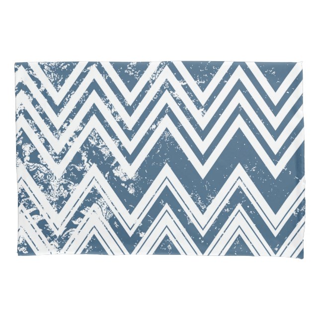 Blue and White Chevron Grunge Stripes Pillowcase (Front)