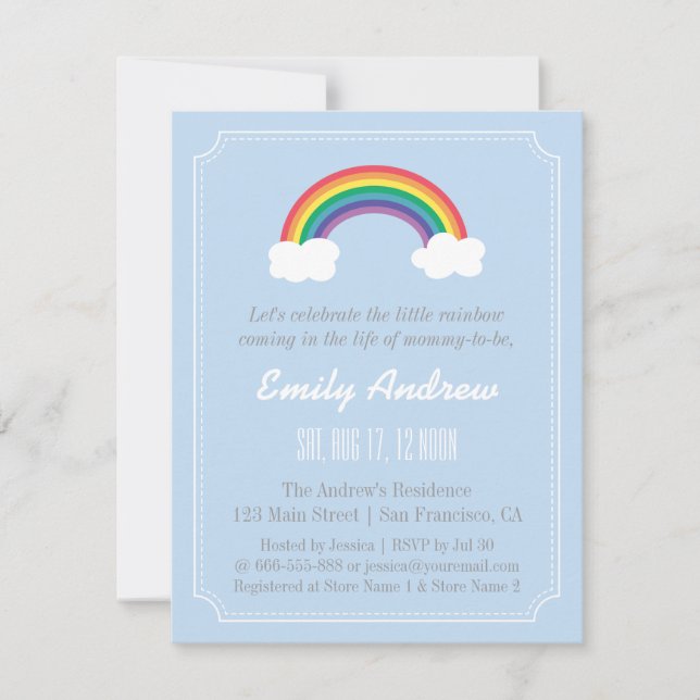 Blue and White Chevron, Rainbow Baby Shower Invitation (Front)