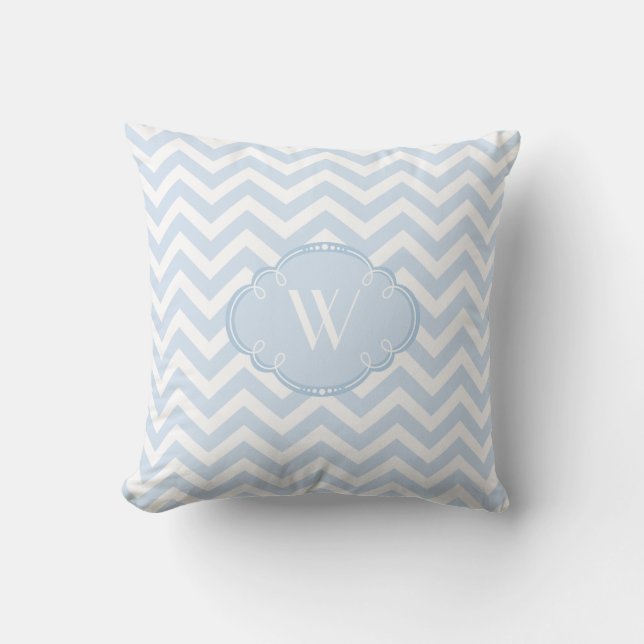 Blue and White Chevron with Monogram Throw Pillow (Front)