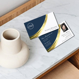 Blue and White Chic Gold Decor with Logo and Photo Business Card