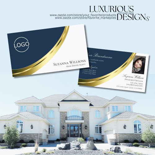 Blue and White Chic Gold Decor with Logo and Photo Business Card