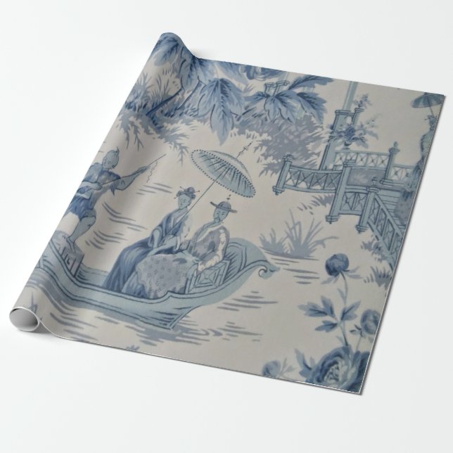 Blue and White Chinese Chinoiserie Decoupage Wrapping Paper (Unrolled)