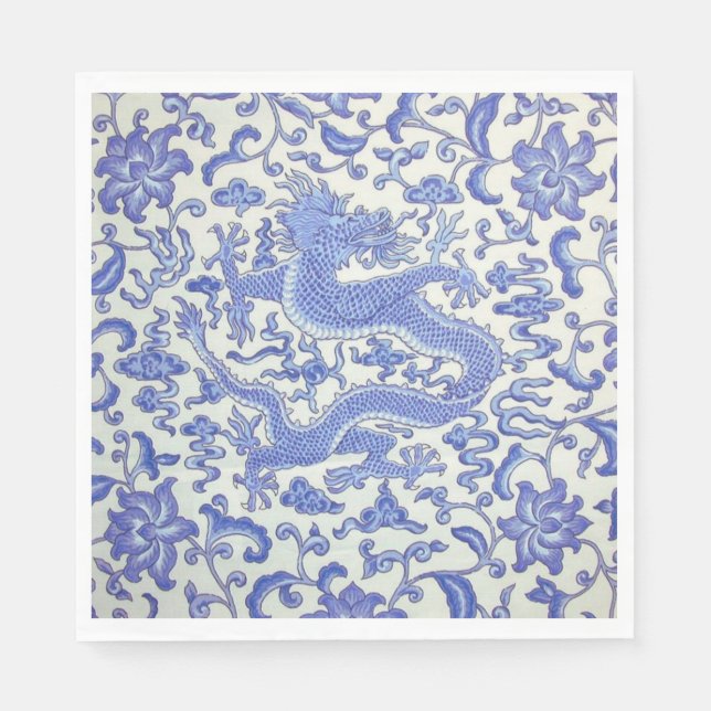 Blue and White Chinese Dragon Floral Decoupage Napkins (Front)