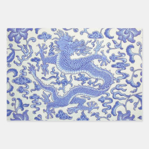 Blue and White Chinese Dragon Floral Decoupage Wrapping Paper Sheets