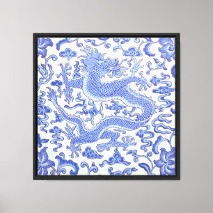 Blue and White Chinese Oriental Dragon Floral Canvas Print