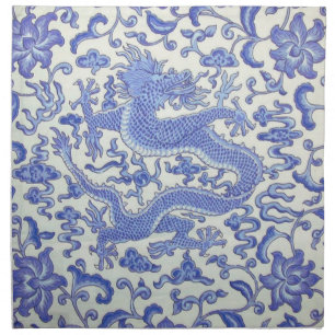 Blue and White Chinese Oriental Dragon Floral Cloth Napkin