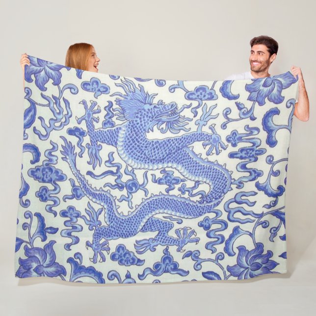 Blue and White Chinese Oriental Dragon Floral  Fleece Blanket (In Situ)