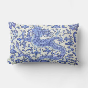 Blue and White Chinese Oriental Dragon Floral Lumbar Pillow